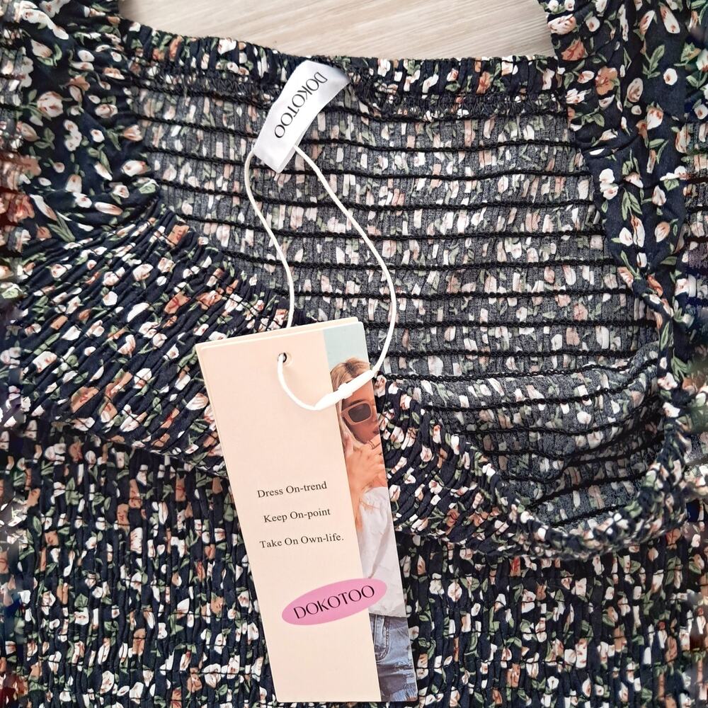 DOKOTOO Black Floral Elasticized Smocked Pant Suit Size L Stretch Top Wide Leg - Picture 5 of 6